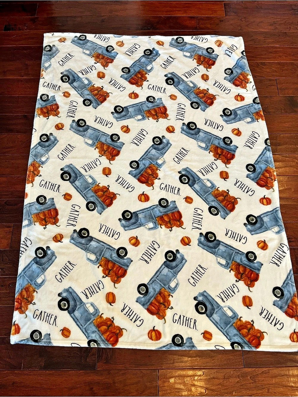 Rae Dunn Fall Gather Pumpkin & Truck Blanket Throw White & Blue